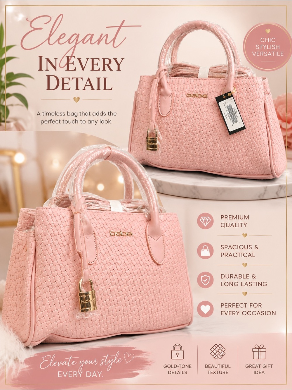 bebe Pink Woven Satchel - Stylish Everyday Handbag